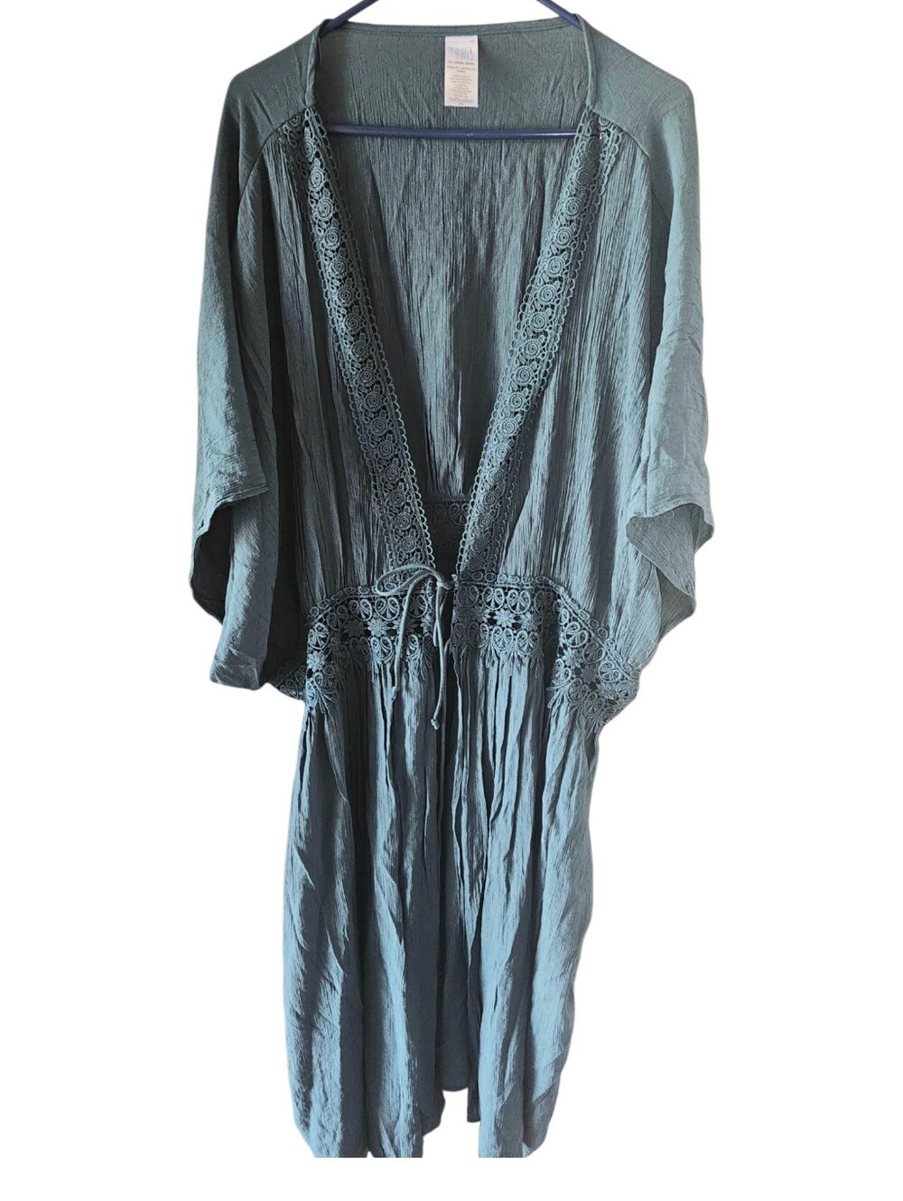 Time and Tru Sage Green Crochet Lace Trim Kimono Bikini Swim Cover 3x